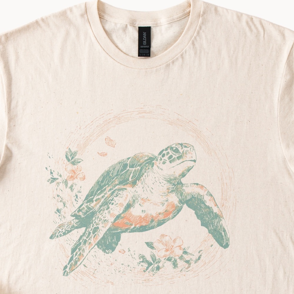 Sea Turtle Botanical Graphic Tee Etching Style Nature Art